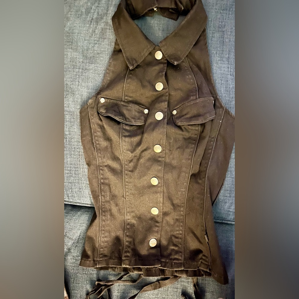 Tripp NYC Black Denim Corset-Back Halter Top